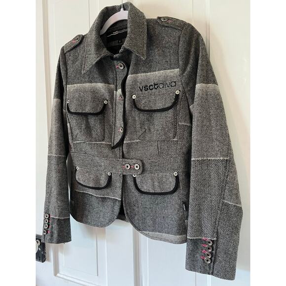 Vsct diva women’s small tweed blazer euro houndstooth chevron black & white 90s - Picture 2 of 8